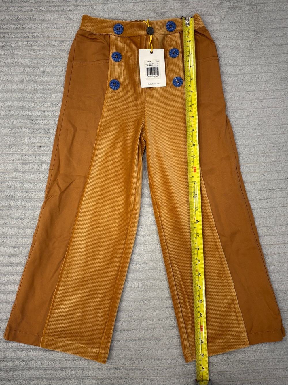 Kids Wide-Leg Corduroy Pants in Tan with Contrasting Buttons